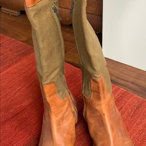 JCrew Vintage saddle leather/ olive heavy canvas side zip boots